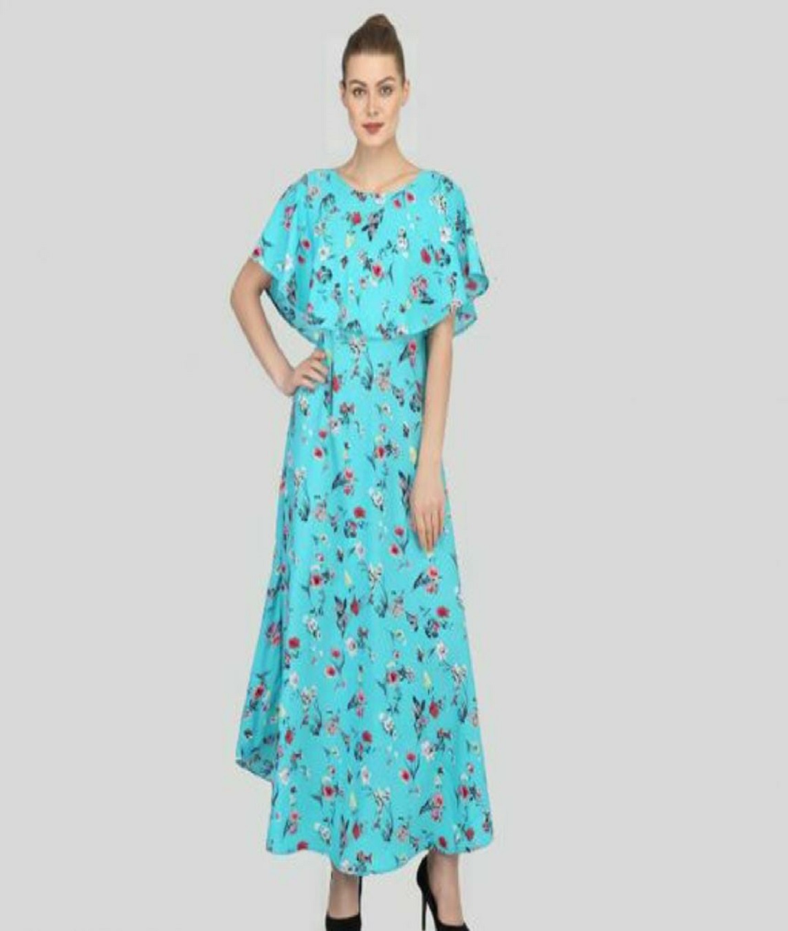 Printed Long Flair Flower Crepe Gown